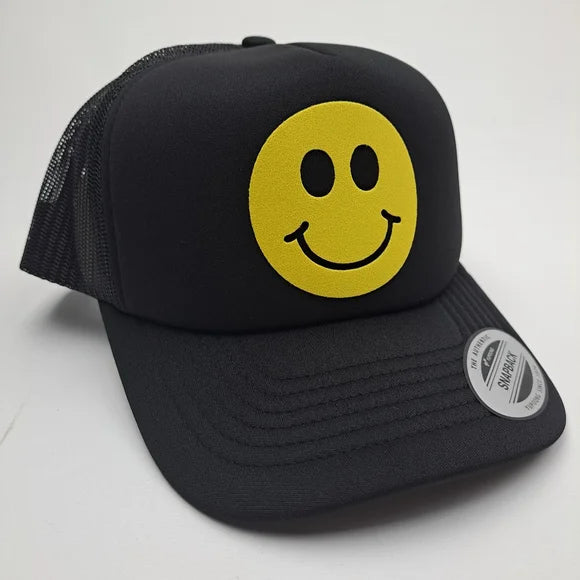 Smiley Face Happy Vibes Vintage Foam Trucker Mesh Snapback Cap Hat Black