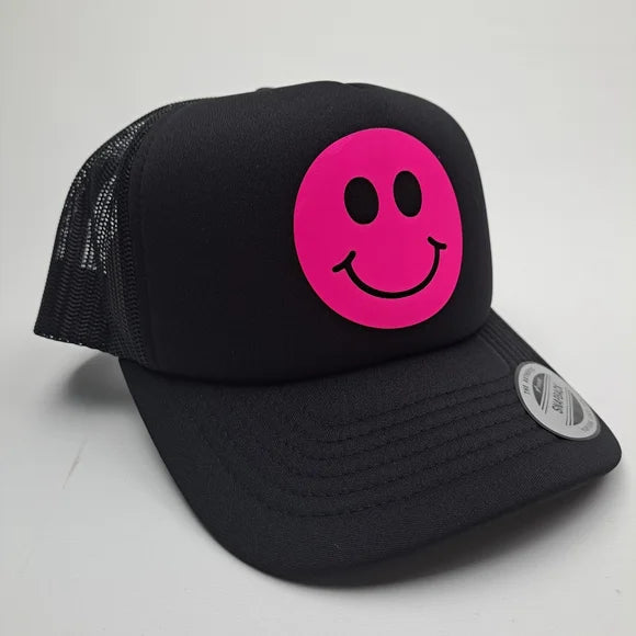 Smiley Face Glow in the Dark Pink Foam Trucker Mesh Snapback Cap Hat Black
