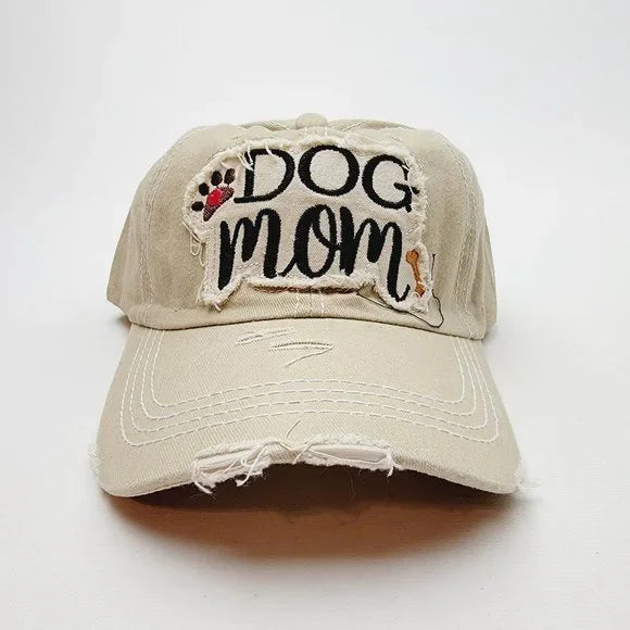 Dog Mom Distressed Relaxed Buckle Strap Full Cover Baseball Hat Cap Tan