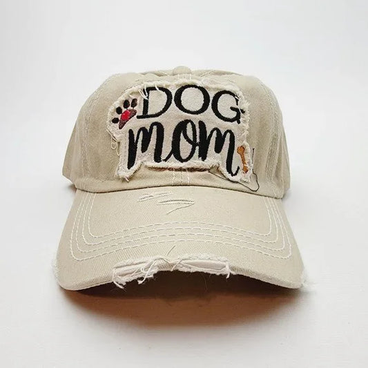 Dog Mom Distressed Relaxed Buckle Strap Full Cover Baseball Hat Cap Tan