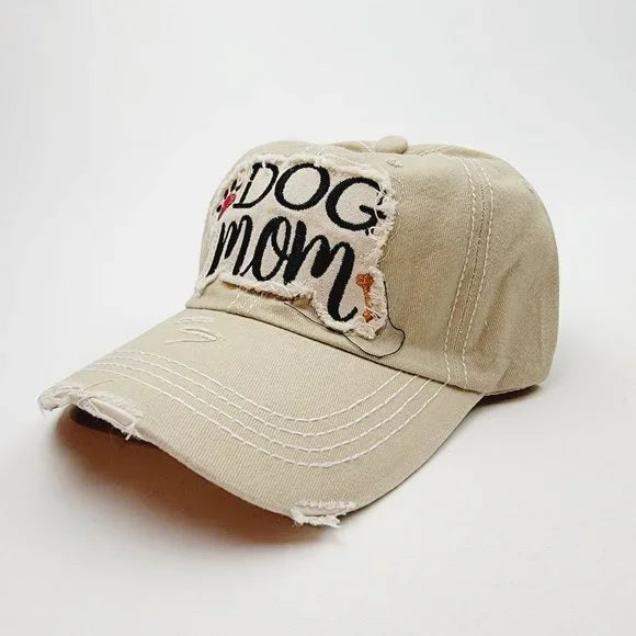 Dog Mom Distressed Relaxed Buckle Strap Full Cover Baseball Hat Cap Tan