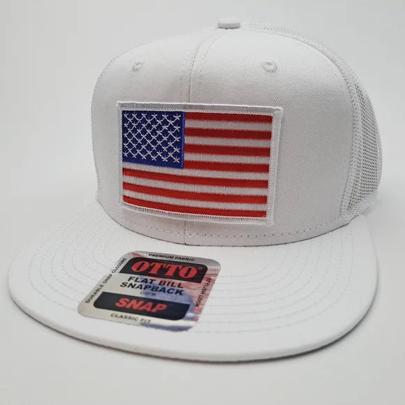American Flag Embroidered Patch Flat Bill Cap Hat White Snapback