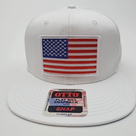 American Flag Embroidered Patch Flat Bill Cap Hat White Snapback