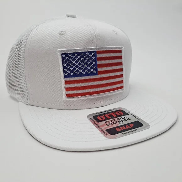 American Flag Embroidered Patch Flat Bill Cap Hat White Snapback