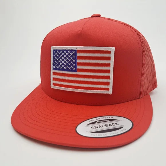 American Flag Embroidered Patch Flat Bill Cap Hat Mesh Snapback Red