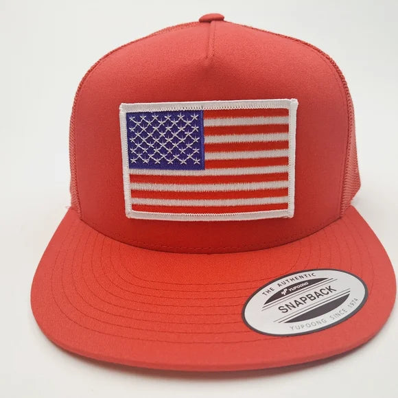 American Flag Embroidered Patch Flat Bill Cap Hat Mesh Snapback Red