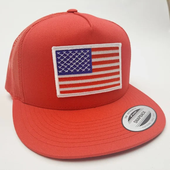 American Flag Embroidered Patch Flat Bill Cap Hat Mesh Snapback Red