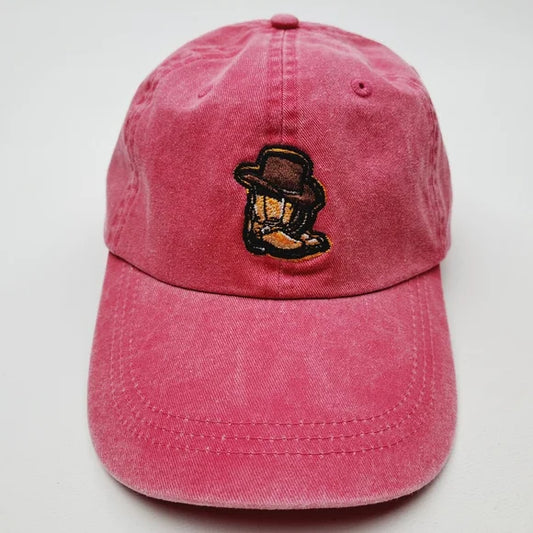 Cowgirl Western Boots Embroidered Relaxed Cotton Hat Cap Pink Washed