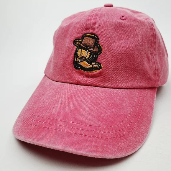 Cowgirl Western Boots Embroidered Relaxed Cotton Hat Cap Pink Washed