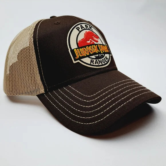 Jurassic Park Ranger Embroidered Patch Trucker Mesh Snapback Cap Hat Brown