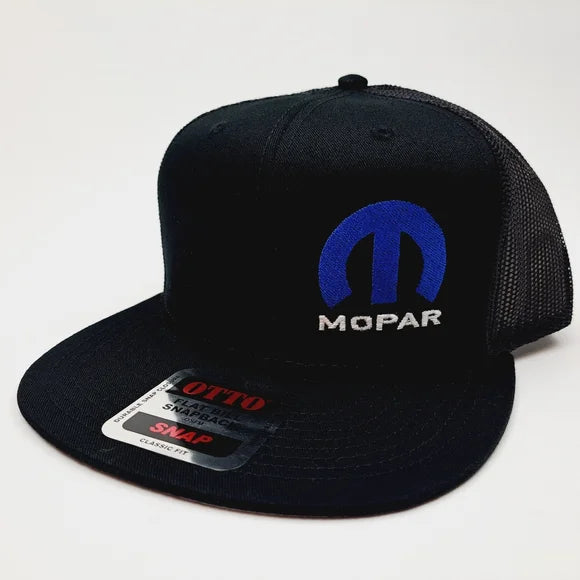 Mopar Offset Logo Flat Bill Mesh Snapback Hat Cap Black Embroidered