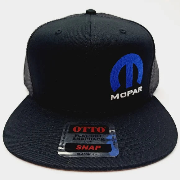Mopar Offset Logo Flat Bill Mesh Snapback Hat Cap Black Embroidered