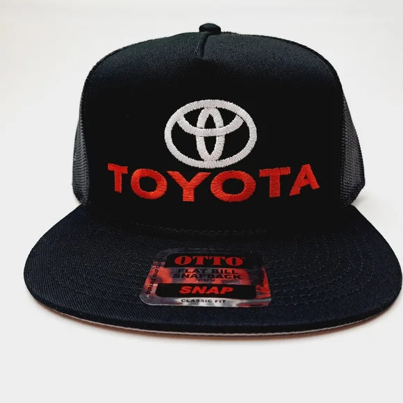 Toyota Flat Bill Trucker Mesh Snapback Cap Hat Black Embroidered