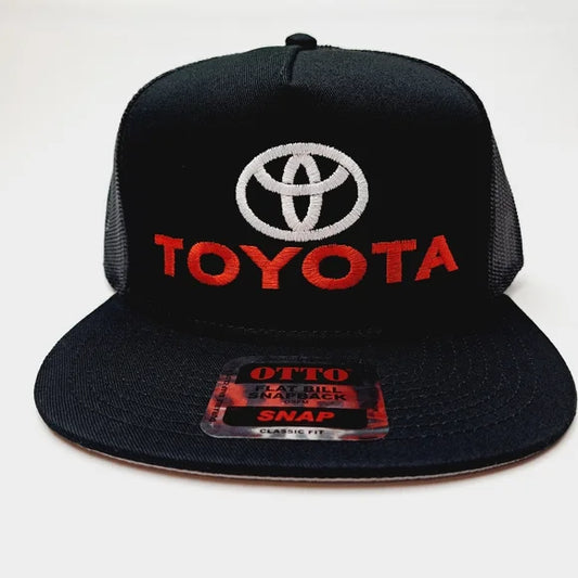 Toyota Flat Bill Trucker Mesh Snapback Cap Hat Black Embroidered