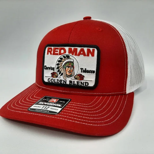 Richardson 112 Red Man Embroidered Patch Mesh Snapback Hat Cap Red White