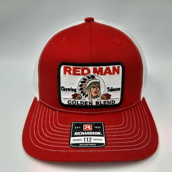 Richardson 112 Red Man Embroidered Patch Mesh Snapback Hat Cap Red White