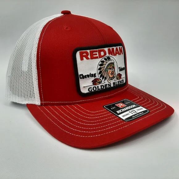 Richardson 112 Red Man Embroidered Patch Mesh Snapback Hat Cap Red White