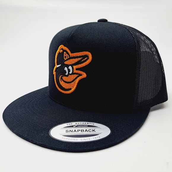 Baltimore Orioles Flat Bill Trucker Mesh Snapback Cap Hat Black