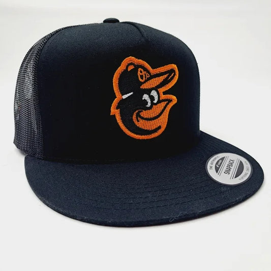 Baltimore Orioles Flat Bill Trucker Mesh Snapback Cap Hat Black