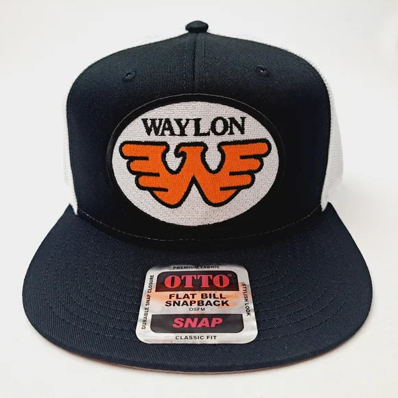 Waylon Jennings Flat Bill Trucker Mesh Snapback Cap Hat Black Embroidered Patch