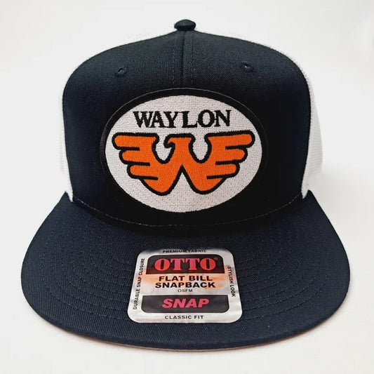 Waylon Jennings Flat Bill Trucker Mesh Snapback Cap Hat Black Embroidered Patch