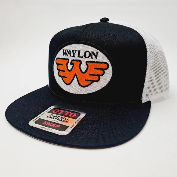 Waylon Jennings Flat Bill Trucker Mesh Snapback Cap Hat Black Embroidered Patch