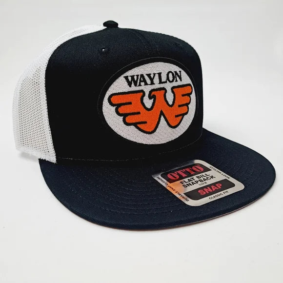 Waylon Jennings Flat Bill Trucker Mesh Snapback Cap Hat Black Embroidered Patch