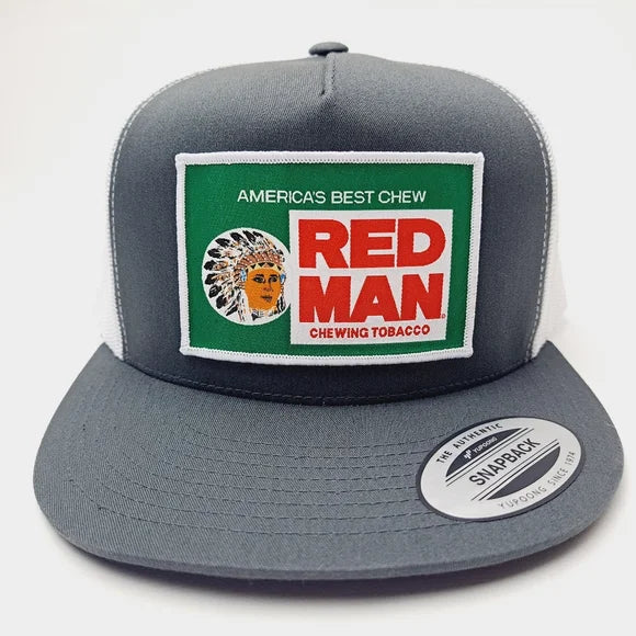 Red Man Woven Patch Flat Bill Trucker Mesh Snapback Cap Gray White