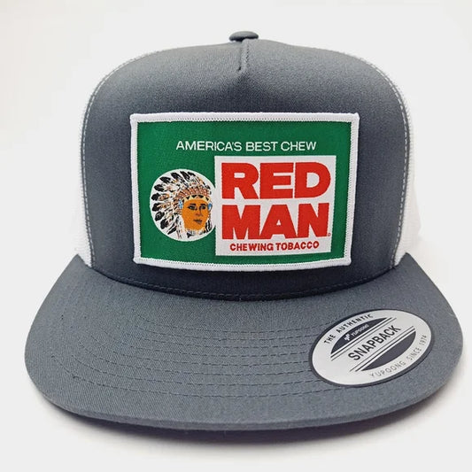Red Man Woven Patch Flat Bill Trucker Mesh Snapback Cap Gray White