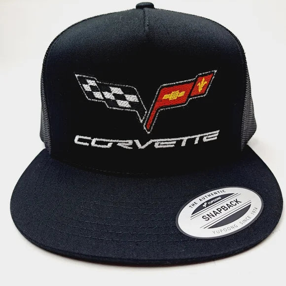 Chevy Corvette Flat Bill Trucker Mesh Snapback Hat Cap Black