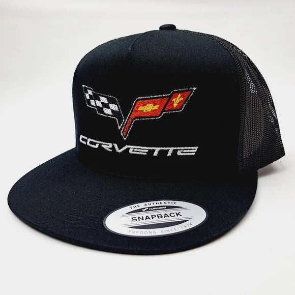 Chevy Corvette Flat Bill Trucker Mesh Snapback Hat Cap Black