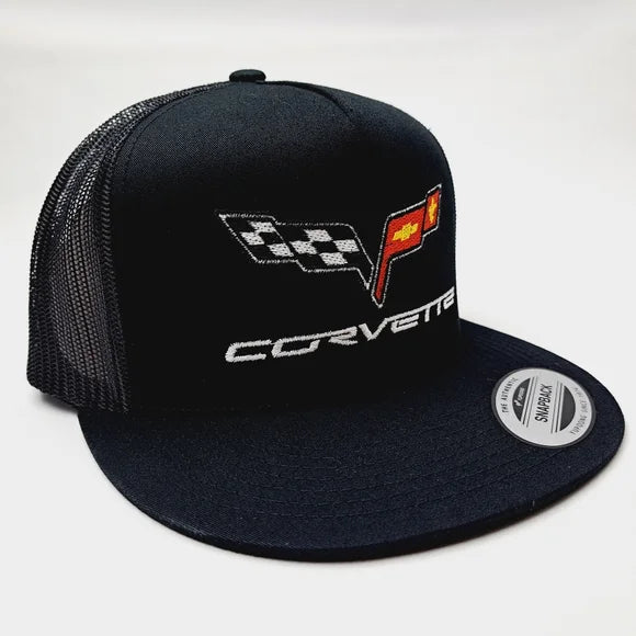 Chevy Corvette Flat Bill Trucker Mesh Snapback Hat Cap Black