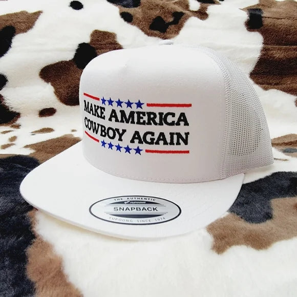 Make America Cowboy Again Flat Bill Trucker Mesh Snapback Cap Hat White