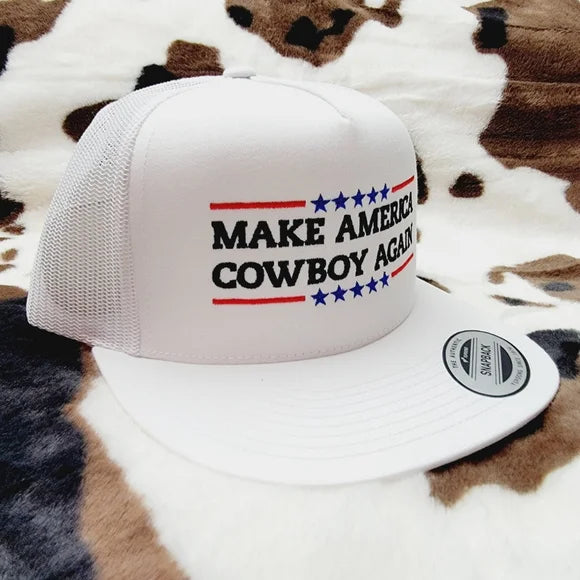 Make America Cowboy Again Flat Bill Trucker Mesh Snapback Cap Hat White