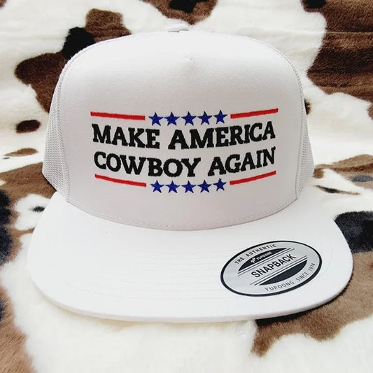 Make America Cowboy Again Flat Bill Trucker Mesh Snapback Cap Hat White