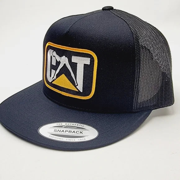 CAT Caterpillar Flat Bill Trucker Mesh Snapback Hat Cap Black Embroidered