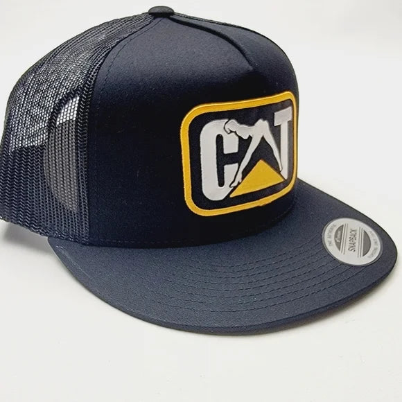 CAT Caterpillar Flat Bill Trucker Mesh Snapback Hat Cap Black Embroidered