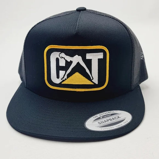 CAT Caterpillar Flat Bill Trucker Mesh Snapback Hat Cap Black Embroidered