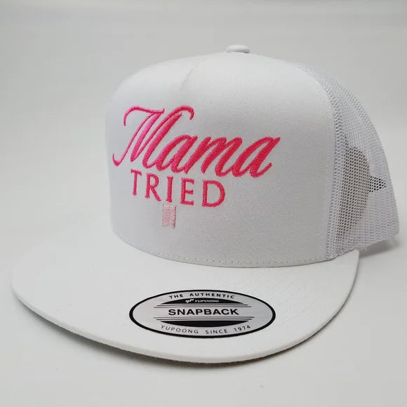Mama Tried Trucker Mesh Snapback White Pink Text