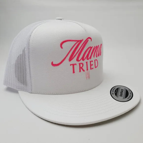 Mama Tried Trucker Mesh Snapback White Pink Text