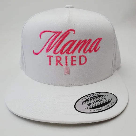 Mama Tried Trucker Mesh Snapback White Pink Text
