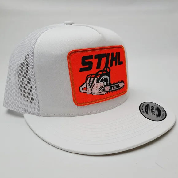 Stihl Embroidered Patch Flat Bill Trucker Mesh Snapback Hat Cap White