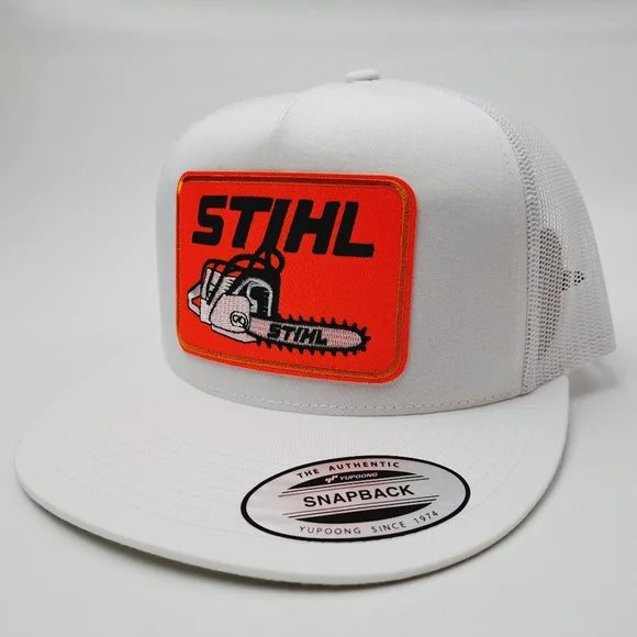 Stihl Embroidered Patch Flat Bill Trucker Mesh Snapback Hat Cap White
