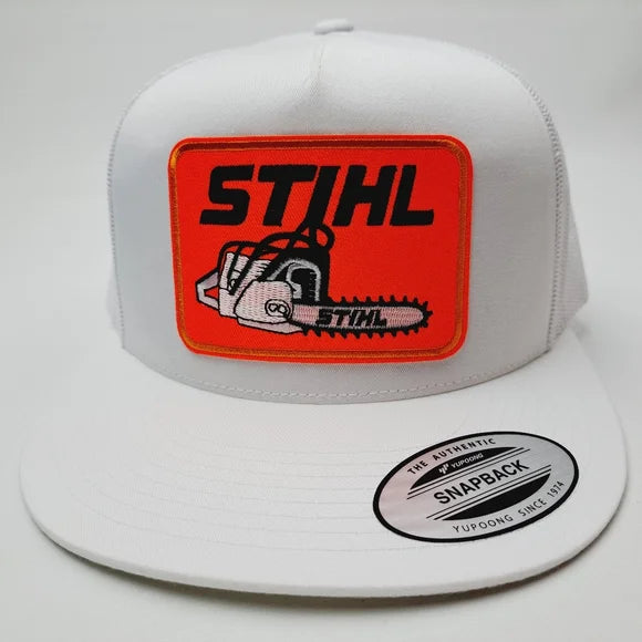 Stihl Embroidered Patch Flat Bill Trucker Mesh Snapback Hat Cap White