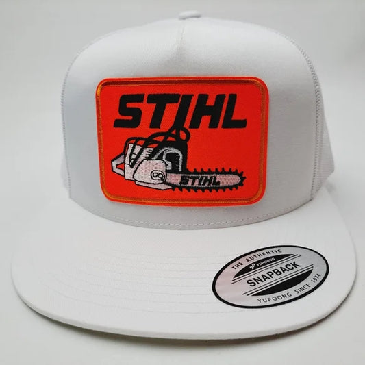 Stihl Embroidered Patch Flat Bill Trucker Mesh Snapback Hat Cap White