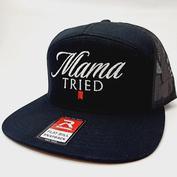 Mama Tried Richardson 7 Panel Flat Bill Trucker Mesh Snapback Black