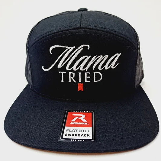 Mama Tried Richardson 7 Panel Flat Bill Trucker Mesh Snapback Black