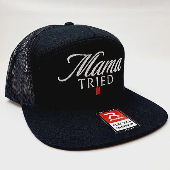 Mama Tried Richardson 7 Panel Flat Bill Trucker Mesh Snapback Black