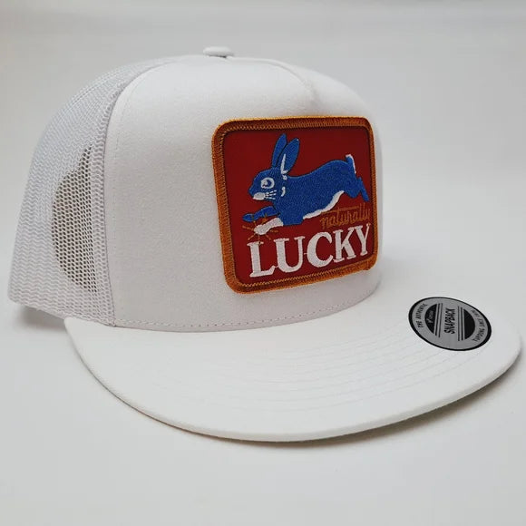 Naturally Lucky Embroidered Patch Flat Bill Trucker Mesh Snapback White