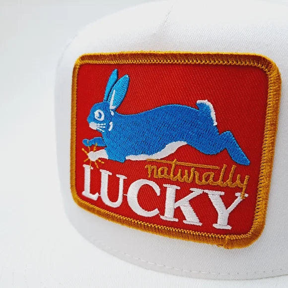 Naturally Lucky Embroidered Patch Flat Bill Trucker Mesh Snapback White